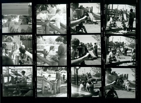 Black and white proof sheet of people in and filming the commercial