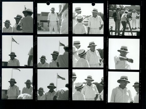 Black and white proof sheet of people in and filming the commercial