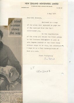 Newspaper cutting about blindness related activities or people