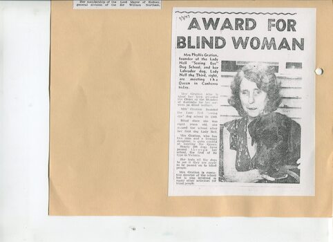 Newspaper cutting about blindness related activities or people