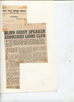 Newspaper cutting about blindness related activities or people