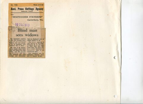Newspaper cutting about blindness related activities or people