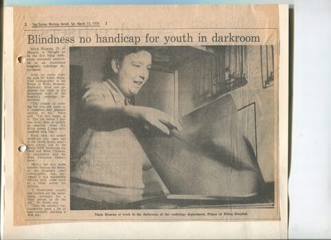Newspaper cutting about blindness related activities or people