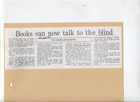 Newspaper cutting about blindness related activities or people