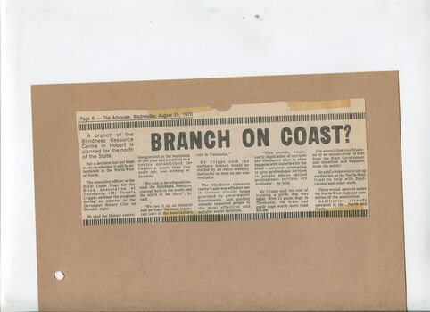 Newspaper cutting about blindness related activities or people