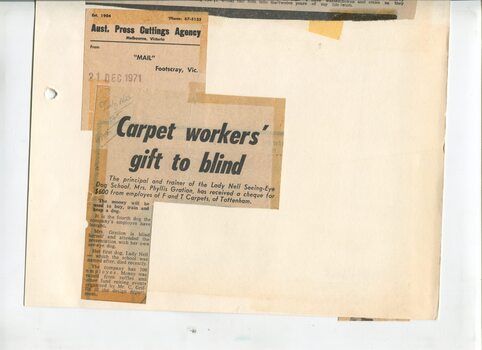 Newspaper cutting about blindness related activities or people