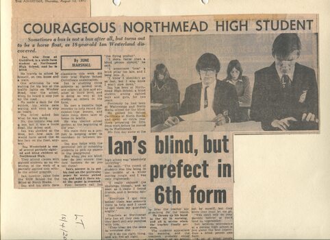 Newspaper cutting about blindness related activities or people