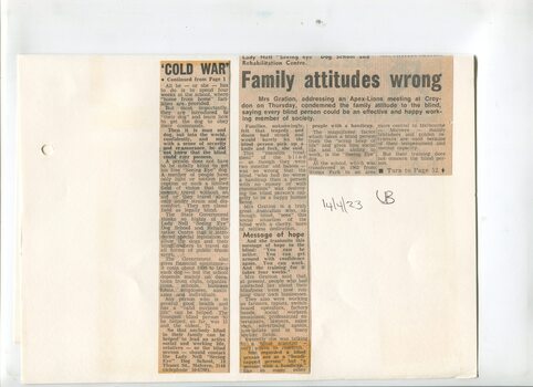 Newspaper cutting about blindness related activities or people