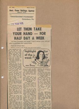 Newspaper cutting about blindness related activities or people