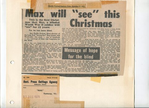 Newspaper cutting about blindness related activities or people