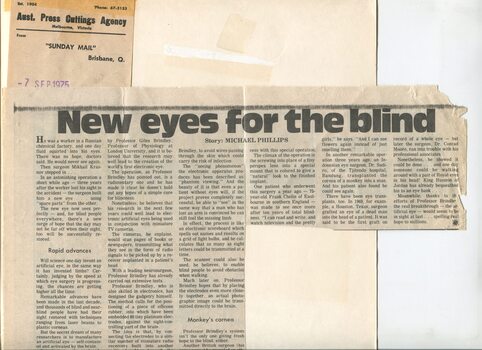 Newspaper cutting about blindness related activities or people