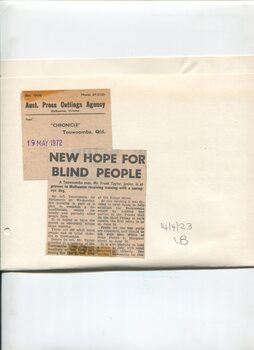 Newspaper cutting about blindness related activities or people