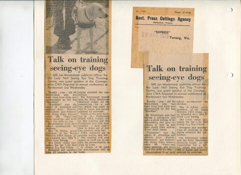 Newspaper cutting about blindness related activities or people
