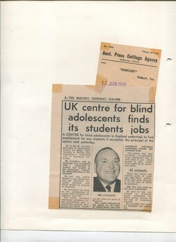 Newspaper cutting about blindness related activities or people