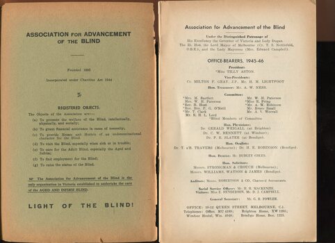 The Association’s Registered Objects and founding year.  List of Office bearers.