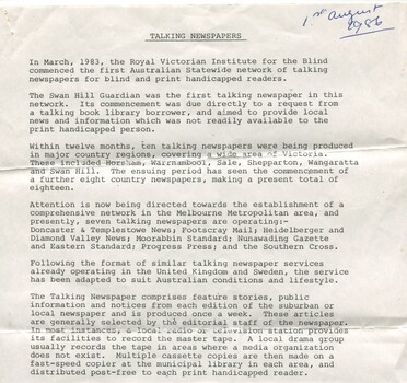 Overview of the Talking Newspaper Service in 1986