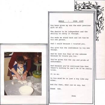 Merle with a boy making dough and a letter from a parent
