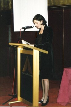 Rebecca Macauley at the podium for the award ceremony