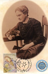 Tilly Aston leaning on a table holding flowers with AFB logo and postage stamp at base