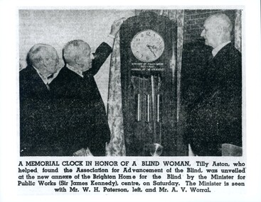 Newspaper article with image of three men and a grandfather clock