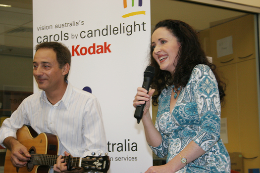 Marina Prior performing at the launch with her daughter