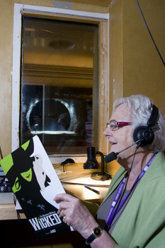 An audio describer in a booth with a view to the stage, holding a Wicked program