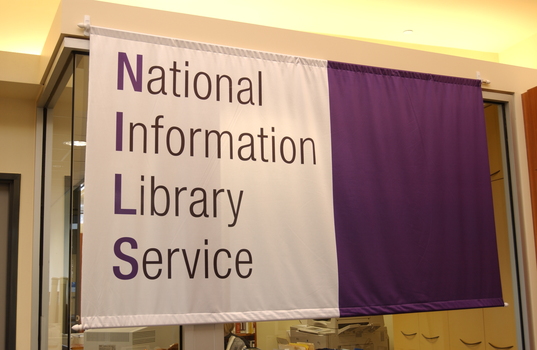 Purple and white National Information Library Service banner