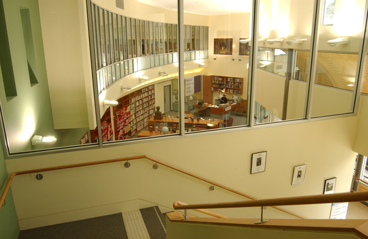 View of Browsing Library from top of stairs on first floor