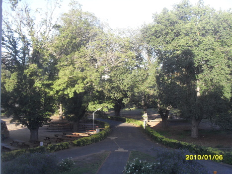 Looking down towards main driveway from upper floor of building