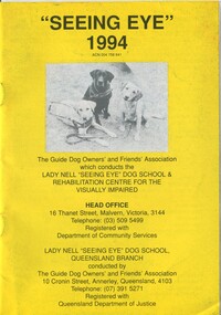 Three dogs in harness and contact details of school