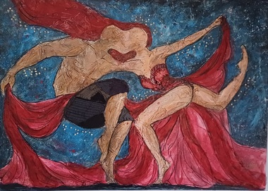 Two textured figures dancing against a blue background