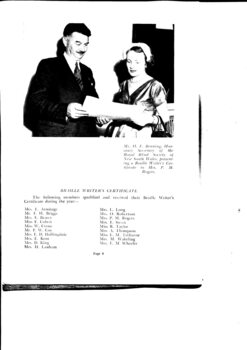 H.F. Benning presents a certificate to Mrs P.M. Rogers