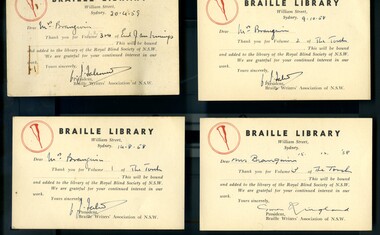 Index cards sent to transcriber acknowledging receipt of volumes