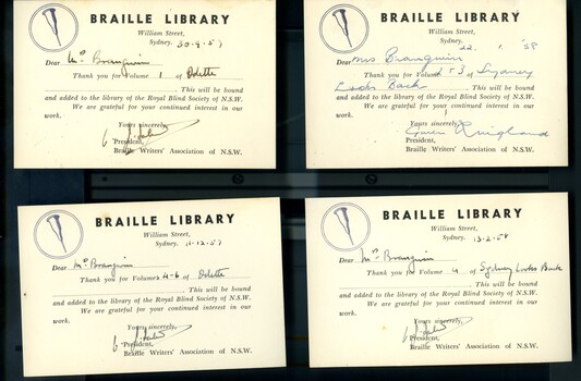 Index cards sent to transcriber acknowledging receipt of volumes