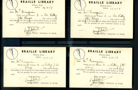 Index cards sent to transcriber acknowledging receipt of volumes