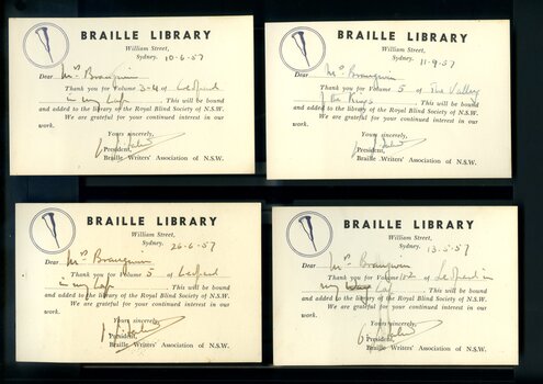 Index cards sent to transcriber acknowledging receipt of volumes