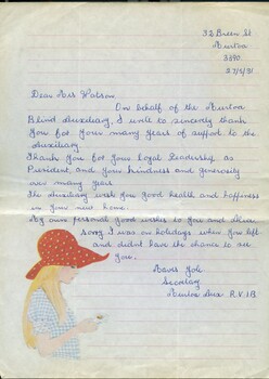 Handwritten letter on lined notepaper with drawing of girl in corner