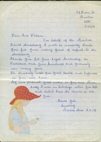 Handwritten letter on lined notepaper with drawing of girl in corner