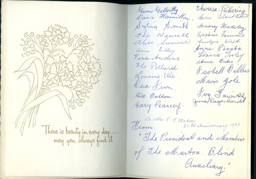 Drawing of flowers and signatures from various auxiliary members
