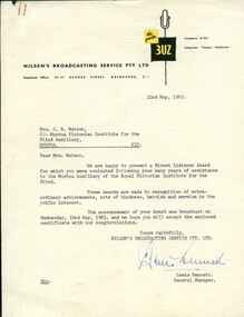 Letter from 3UZ to Mrs Watson advising her as the award winner