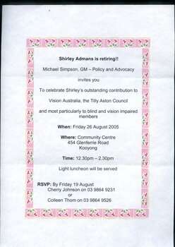 Printed invitation for celebration of Shirley Adman's retirement