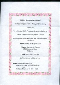 Printed invitation for celebration of Shirley Adman's retirement