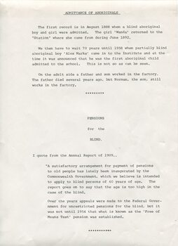 Admittance of Aboriginal people and summary of pension