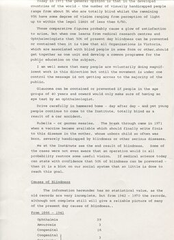 Observation on statistics on blindness gained from Institute records