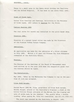 Notes about land grant, heating, admissions and Coles Book Arcade
