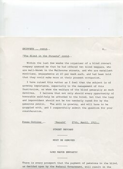 Article reprints and notes about blind beggars