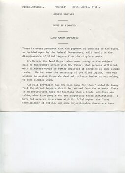 Article reprints and notes about blind beggars