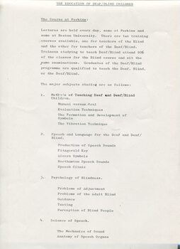 Report on study at Perkins School for the Blind