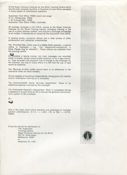 Pamphlet answering questions about blind switchboard operators
