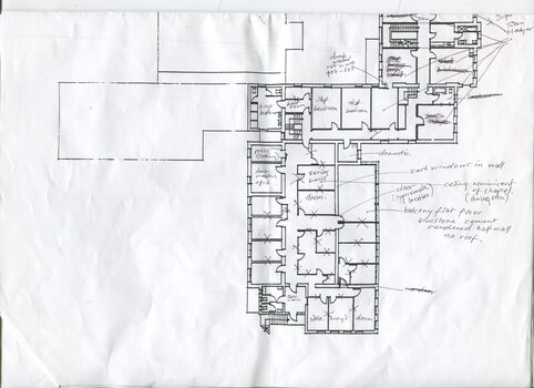 Floor plan of RVIB building with handwritten annotations
